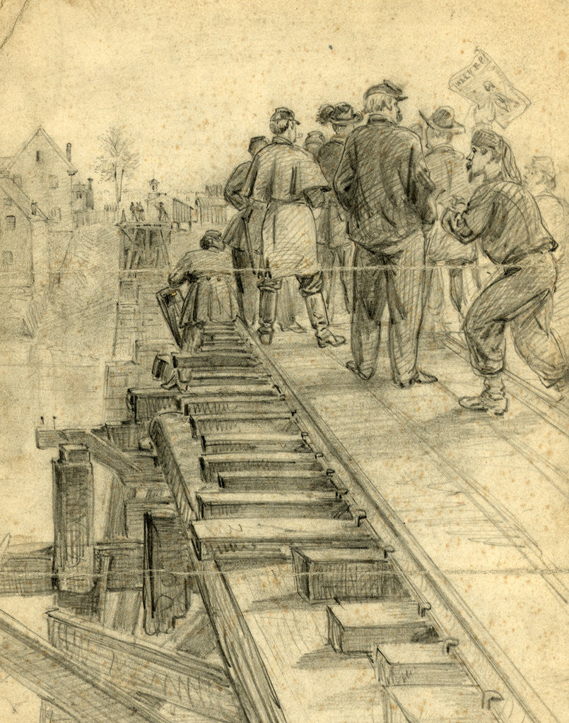 Detail of Union soldiers exchanging salutations with the Confederates at Fredericksburg, Va, 1862 November or December by Alfred R Waud