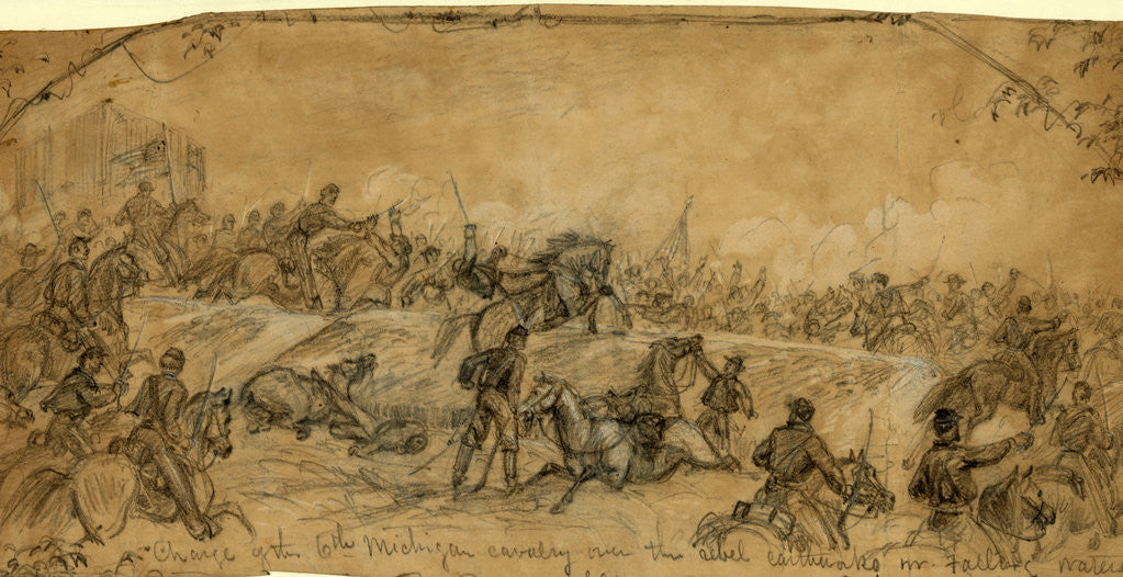 Detail of Charge of the 6th Michigan cavalry over the rebel earthworks nr. Falling Waters, 1863 July 14 by Alfred R Waud