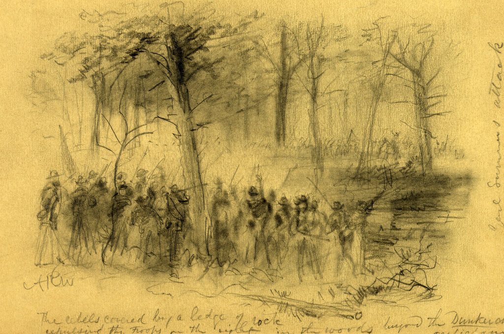 Detail of The rebels covered by a ledge of rock repulsing the troops on the right- in the woods beyond the Duncker ch. Antietam, 1862 September 17 by Alfred R Waud