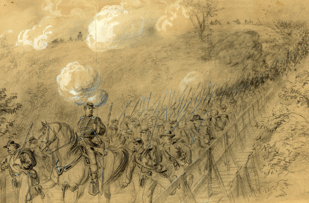 Detail of N.Y. 14th Heavy Artillery crossing Chesterfield bridge on the North Anna under a heavy artillery fire, 1864 ca. May 31 by Alfred R Waud