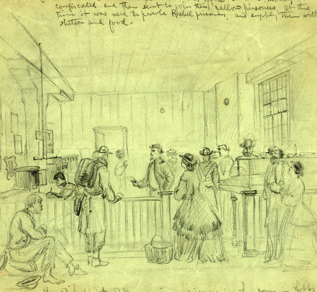 Detail of Lt. Bishop A.P.M. receiving prisoners in the room in Libby where our soldiers used to be robbed by the chivalry, 1865 by Alfred R Waud