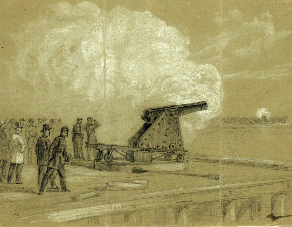 Detail of Scene on the dock at the Rip Raps. Testing the Sawyer gun and projectile, a shell bursting on the rebel batteries at Sewells Point, 1861 by Alfred R Waud