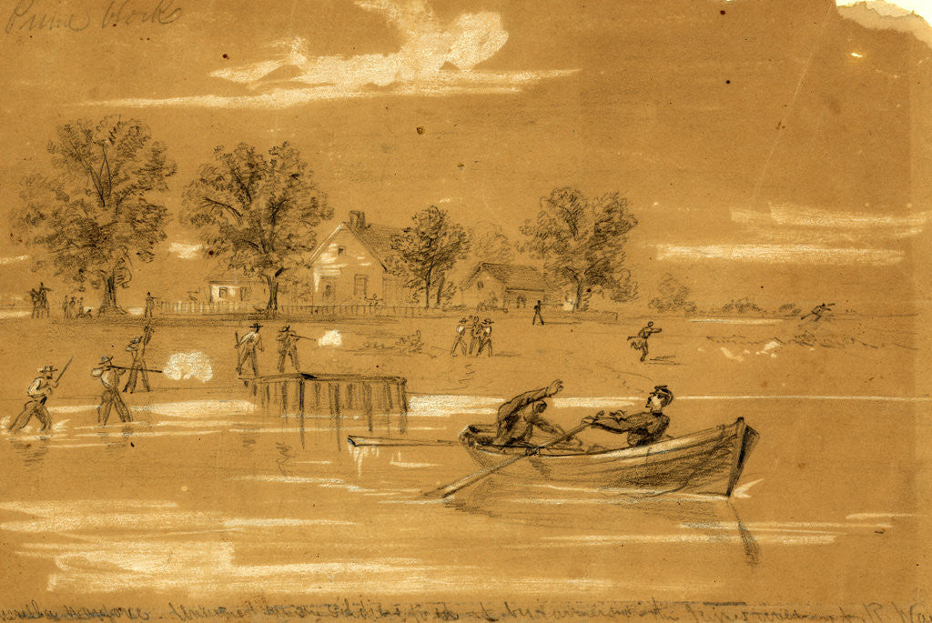 Detail of Guerilla warfare. Unarmed Union soldiers fired at by farmers on the James River, 1862 ca. July 8 by Alfred R Waud