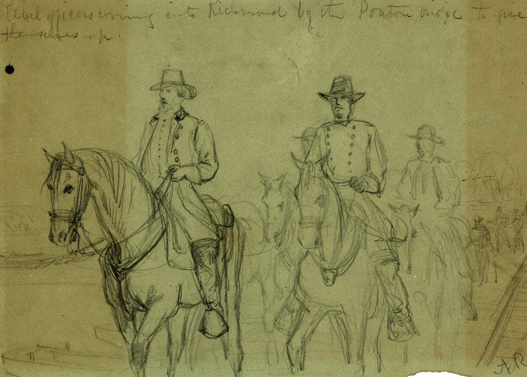 Detail of Rebel officers coming into Richmond by the ponton bridge to give themselves up, April 1865 by Alfred R Waud