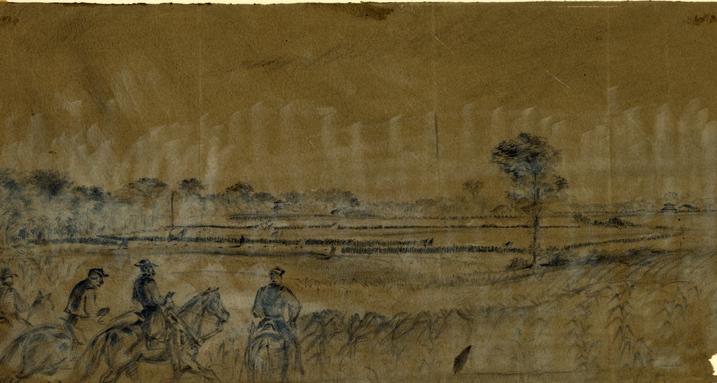 Detail of Officers on horseback watching infantry drills in distance by Alfred R Waud