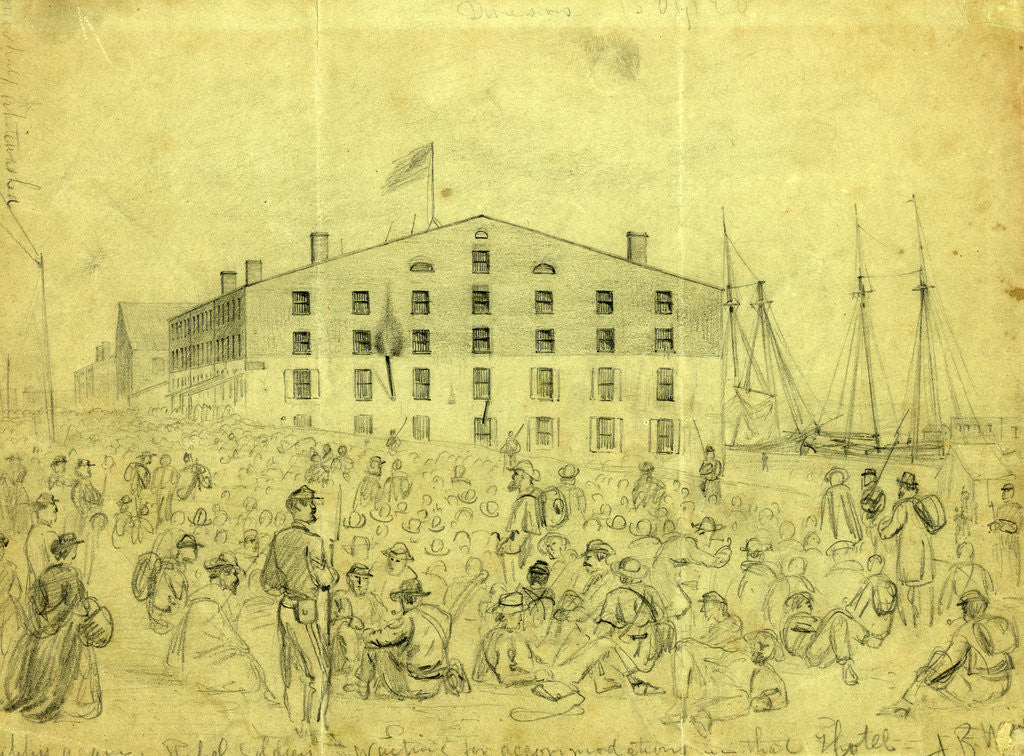 Detail of Libby again, Rebel soldiers waiting for accommodations in that Hotel by Alfred R Waud