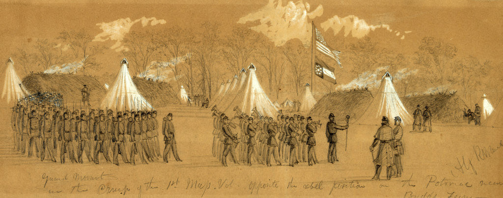 Detail of Guard Mount in the Camp of the 1st Mass. Vol. Opposite the rebel position on the Potomac near Budds Ferry by Alfred R Waud