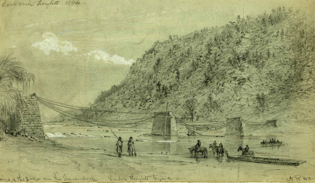 Detail of Ruins of the bridge over the Shenandoah, Loudon Heights beyond by Alfred R Waud