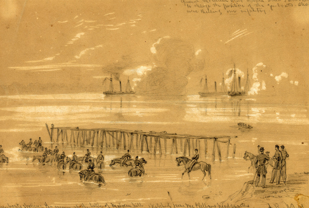 Detail of Gunboats shelling the enemy at the battle of Malvern hill sketched from McClellans headquarters by Alfred R Waud