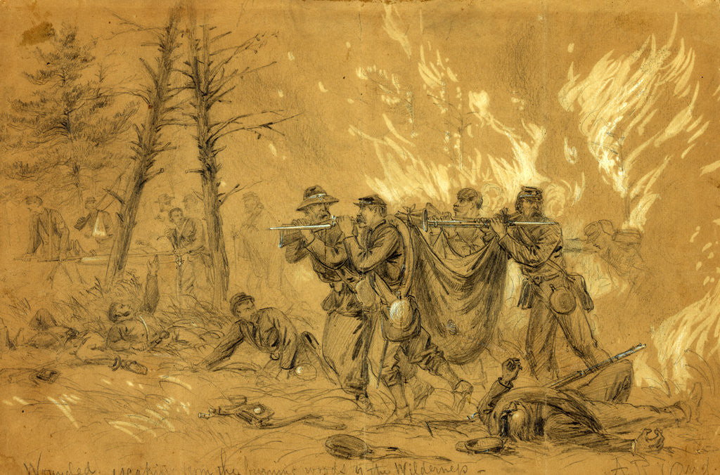 Detail of Wounded escaping from the burning woods of the Wilderness by Alfred R Waud
