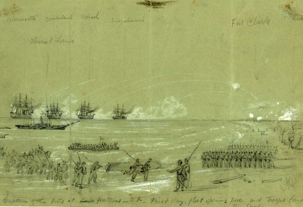 Detail of Capture of the Forts at Cape Hatteras inlet-First day, fleet opening fire and troops landing in the surf by Alfred R Waud