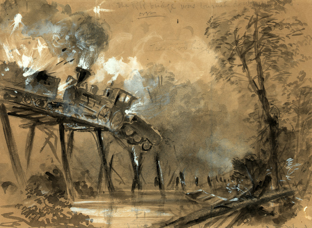 Detail of Destruction of the locomotives on the bridge over the Chickahominy by Alfred R Waud