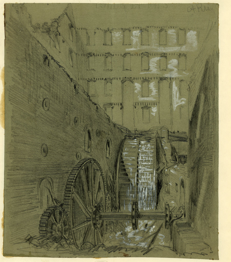Detail of Ruins of the water wheel in Gallego Flour Mills, Richmond, Va. by Alfred R Waud