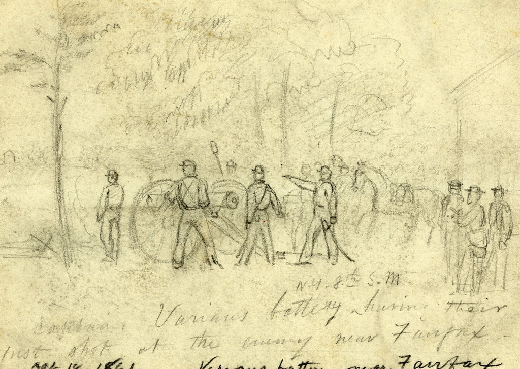 Detail of Captain Varians battery N.Y. 8th S.M. having their first shot at the enemy near Fairfax by Alfred R Waud