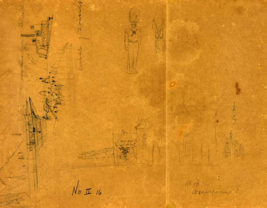 Detail of Three sketches including 'Arrival of Zouaves,' city or town street, and a soldier by Alfred R Waud