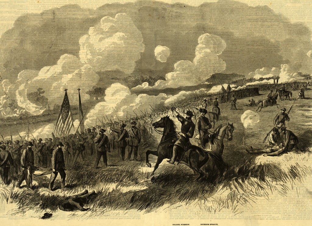 Detail of Colonel Burnside's brigade at Bull Run, First and Second Rhode Island, and Seventy-First New York Regiments, with their Artillery, Attacking the Rebel Batteries at Bull Run by Alfred R Waud