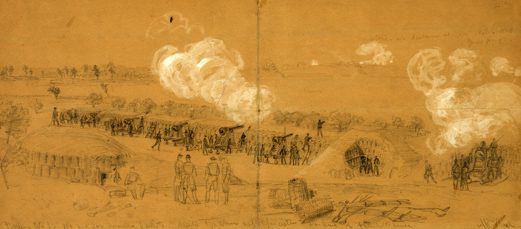 Detail of Battery No. 1, 100 and 200 pounder Parrots opposite Yorktown and Gloucester in front of Farenholts house by Alfred R Waud