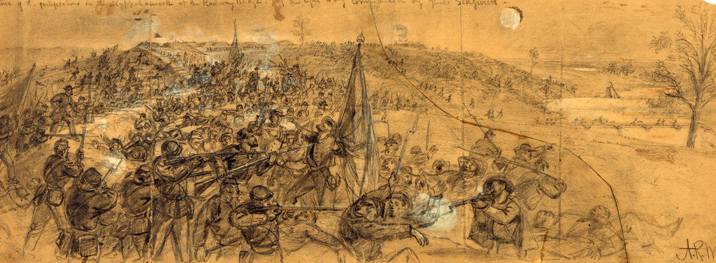 Detail of Capture of the fortifications on the Rappahannock at the Railway Bridge, by the right wing commanded by Genl. Sedgwick by Alfred R Waud