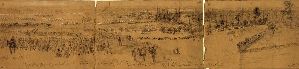 Detail of Camp at Cumberland with a view of the Pamunkey River full of gunboats and transports by Alfred R Waud