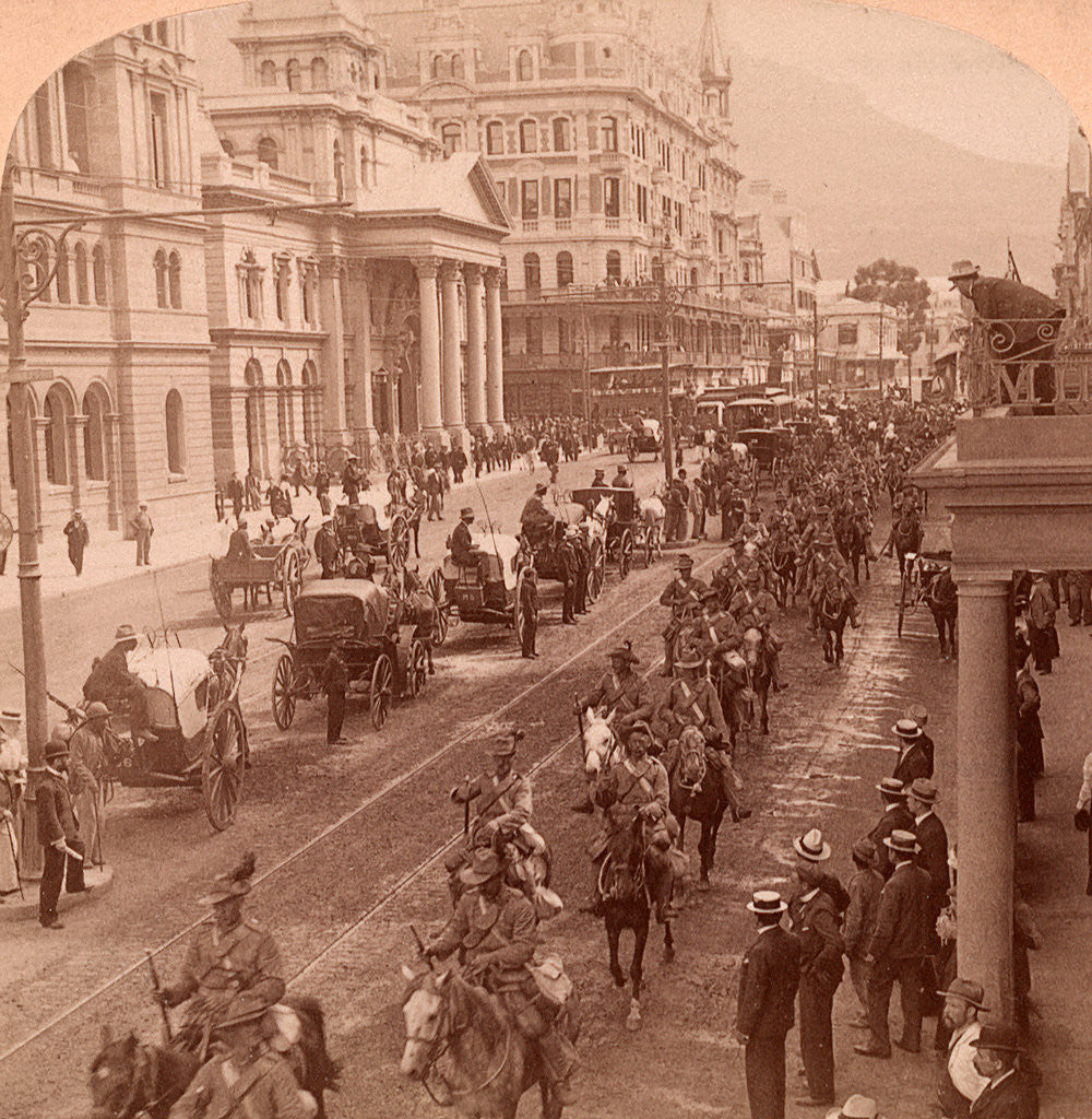 Detail of South African Light Horse coming down Adderly Street, to entrain for the front, Cape Town, South Africa. Vintage photography 1900 by Anonymous