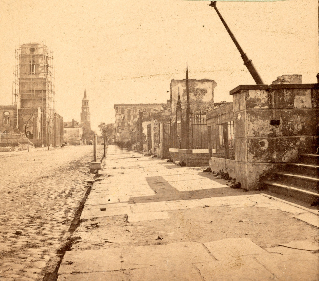 Detail of Meeting St., Charleston, S.C., looking South, showing the ruins of Circular church and the Mills House, St. Michael's church in the distance by Anonymous