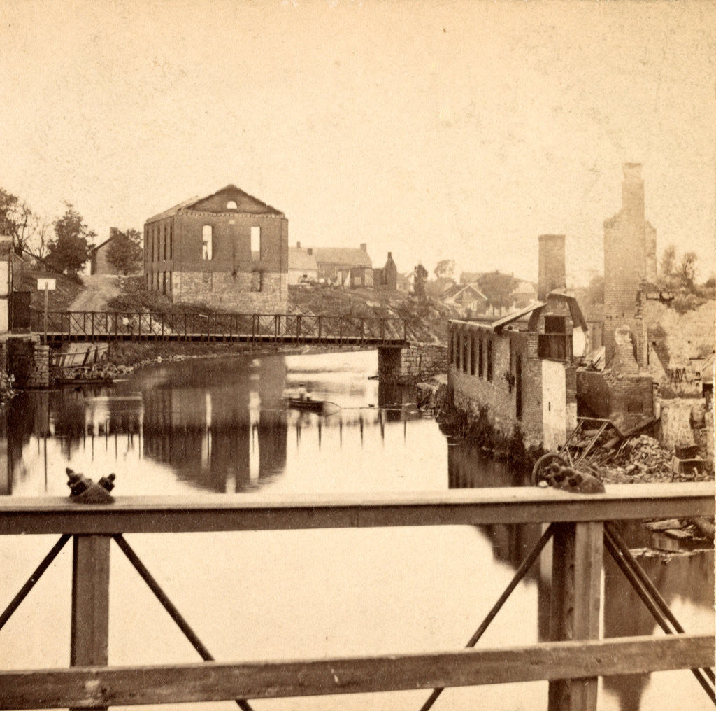 Detail of Conococheague Creek - looking east, Baptist Church & gas works, Chambersburg, Franklin Co., Pa., destroyed by the rebels under McCausland, July 30th, 1864 by Anonymous
