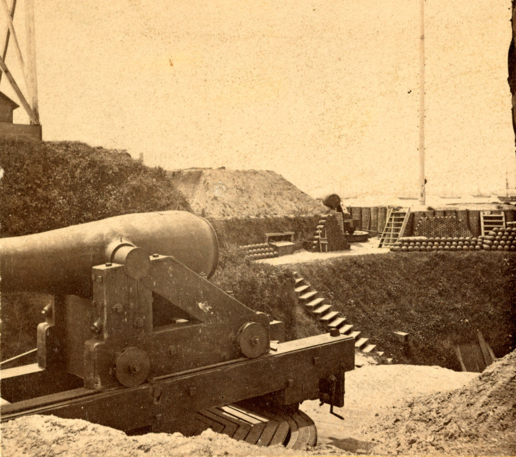Detail of Interior view of Castle Pinckney, Charleston Harbor, S.C. City in the distance by Anonymous