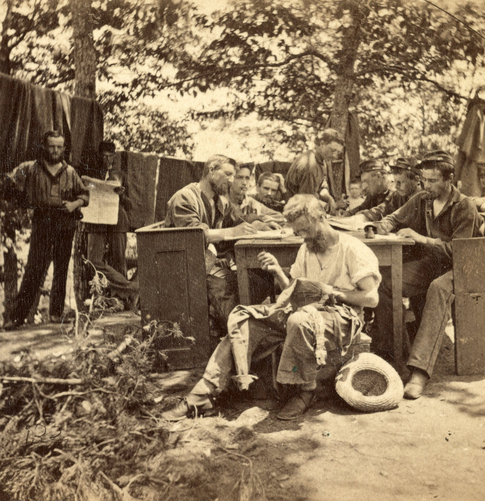 Detail of War views. No. 1501, Camp life, Army of the Potomac, writing to friends at home, USA by Anonymous
