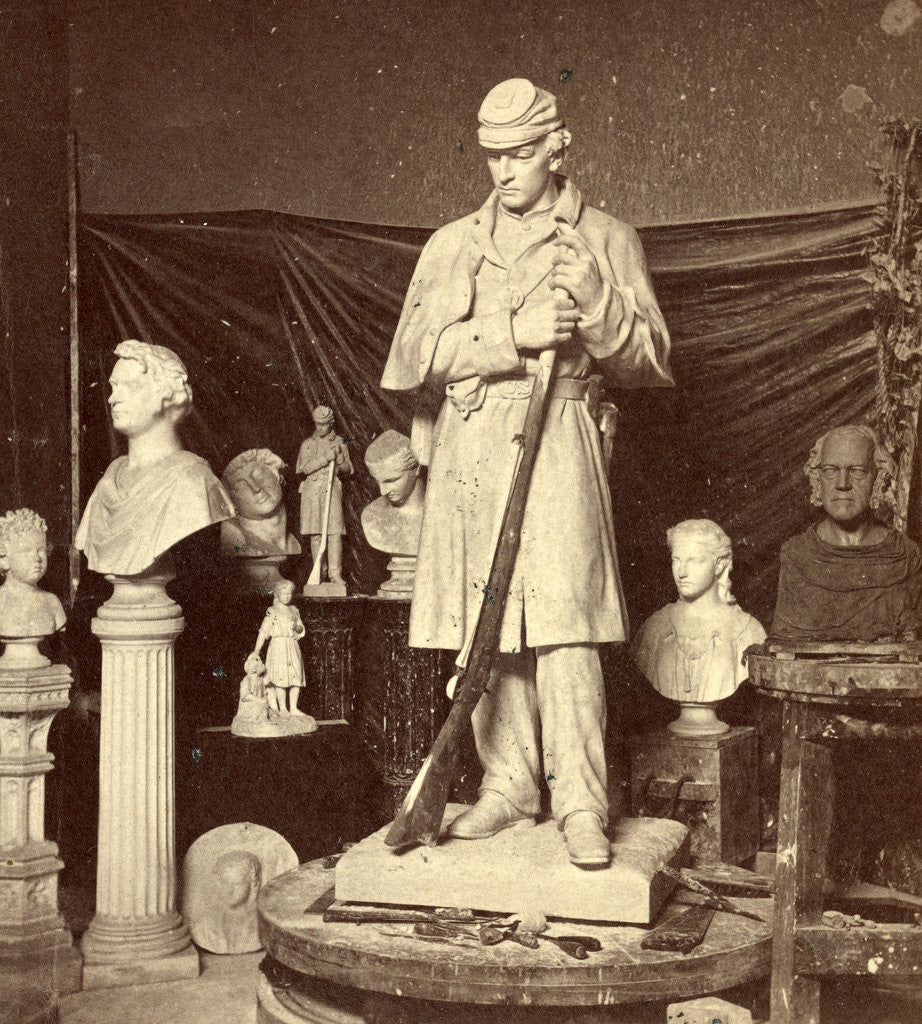 Detail of Maquette of Union soldier for Roxbury Soldiers' Monument and other sculptures at the studio of Martin Milmore in Boston, Massachusetts by Anonymous