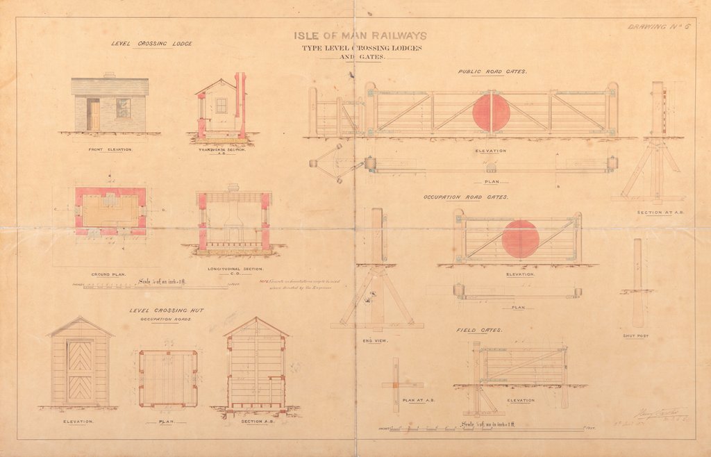 Detail of Plan of Isle of Man Railway type level crossing lodges and gates by Henry Vignoles