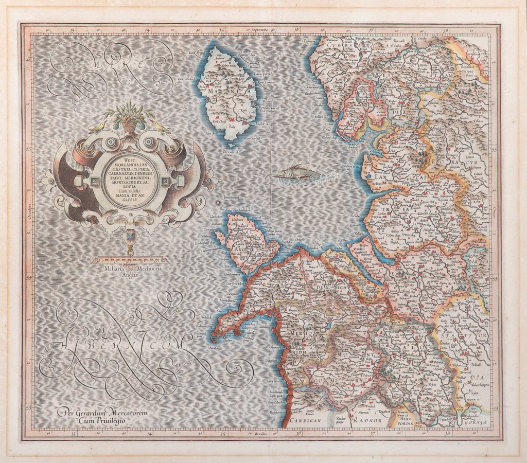 Detail of Westmorlandia, Lancastria, Cestria, Caernarvan, Denbigh, Flint, Merionidh, Montgomery, Salopia cum Insulis Mania et Anglesey by GerardusMercator