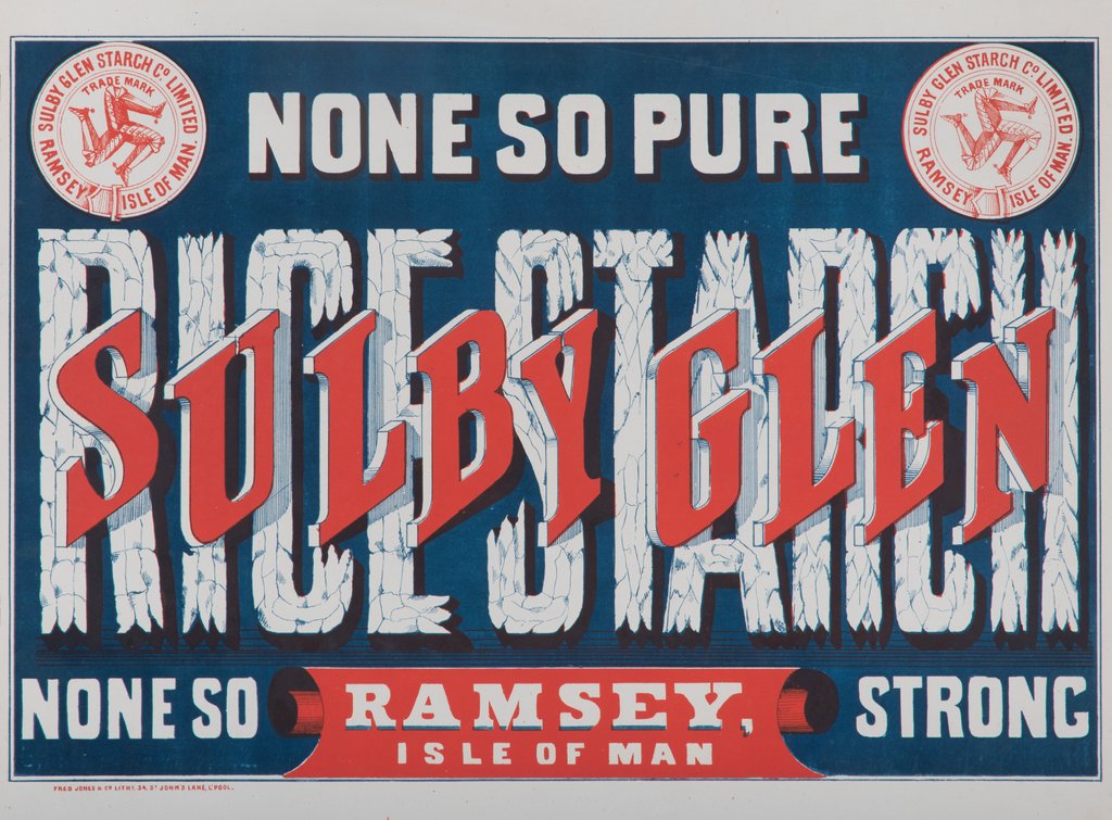 Detail of Sulby Glen Rice Starch, Ramsey, Isle of Man 'None so Pure, None So Strong' by Fred Jones & Co. Lithographers