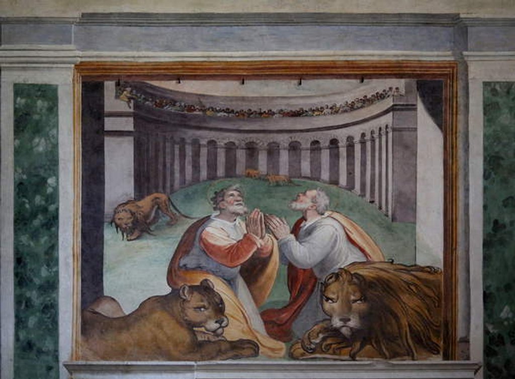 Detail of Two Christian martyrs with lions in the Colosseum by Niccolo & Tempesta Antonio Circignani