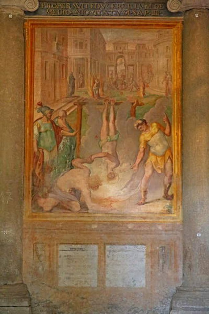 Detail of Martyrdom of a saint: burnt alive upside down by Cristoforo & Tempesta Antonio Roncalli