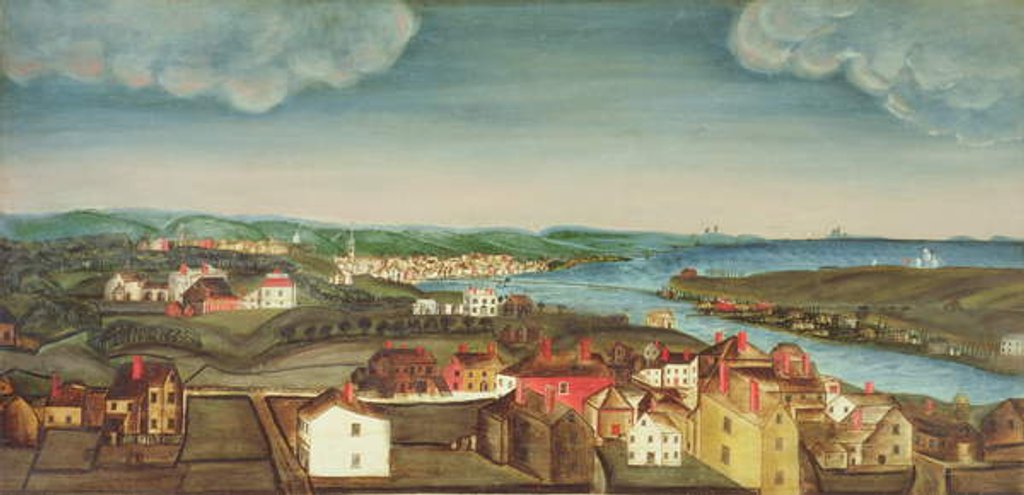 Detail of Fireboard depicting a view of Beverly, 1800-20 by American School