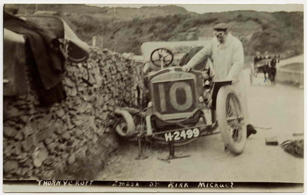 Detail of Tom Thornycroft, smash at Kirk Michael, 1907 Tourist Trophy motorcar race by Anonymous
