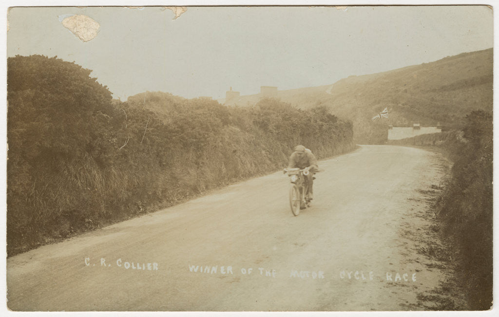 Detail of Rider passing along Kirk Michael to Peel coast road, captioned ‘C.R.Collier, winner of the motorcycle race’, likely to be 1907 TT (Tourist Trophy) by Anonymous