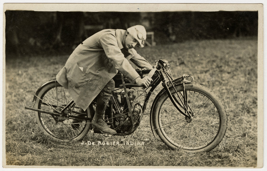 Detail of Jake de Rosier poses aboard an Indian machine, 1911 TT (Tourist Trophy) by Anonymous