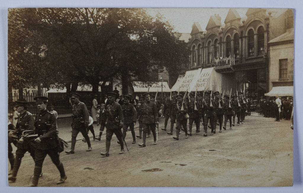 Detail of First World War soldiers marching through Ramsey, Parliament Street by George Bellett Cowen