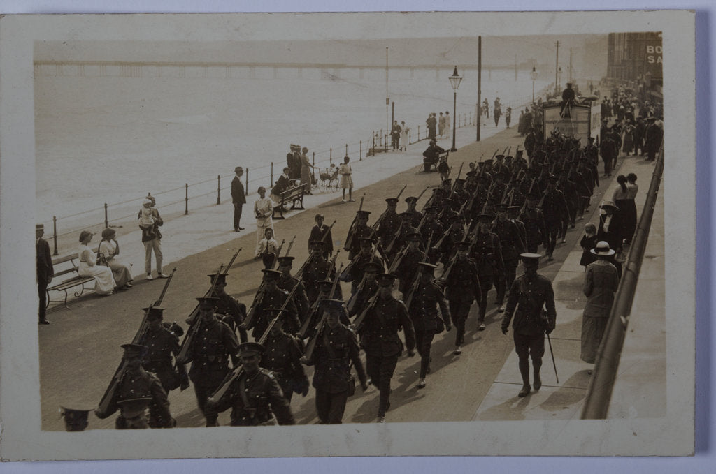 Detail of First World War soldiers marching through Ramsey by George Bellett Cowen