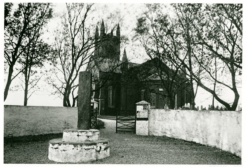 Detail of Kirk Michael church, gate and cross by George Bellett Cowen