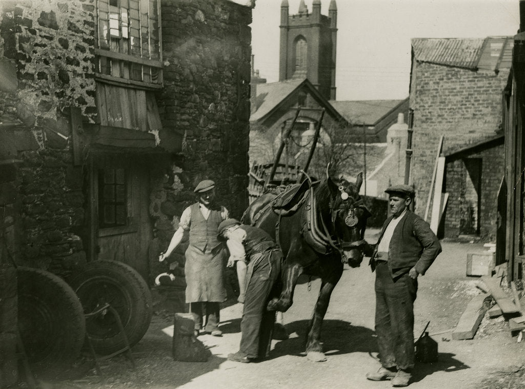 Detail of Workmen and horse outside Kelly's forge, Kirk Michael by unknown