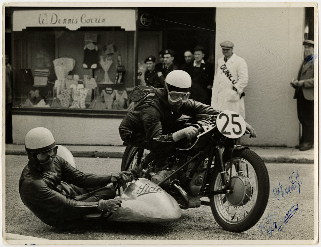 Detail of Walter Schneider, aboard BMW Steib outfit passing through Onchan, 1954 Sidecar TT (Tourist Trophy) by T.M. Badger