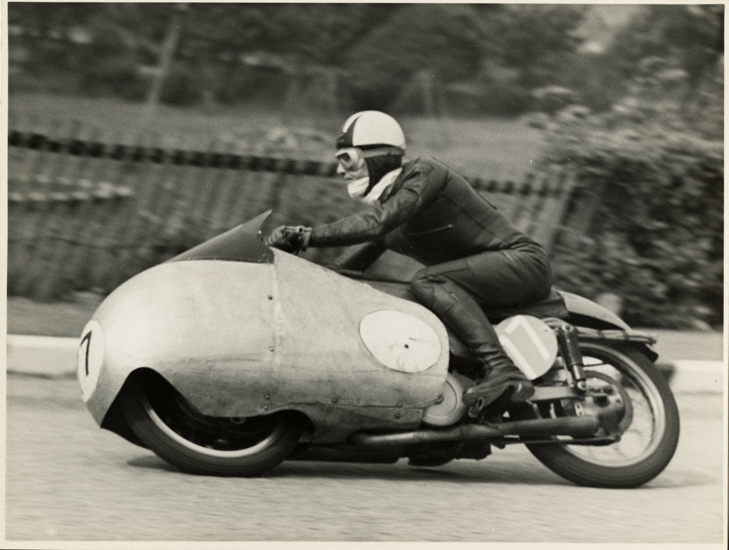 Detail of Cecil Sandford, riding as number 17, 1955 TT (Tourist Trophy) by T.M. Badger