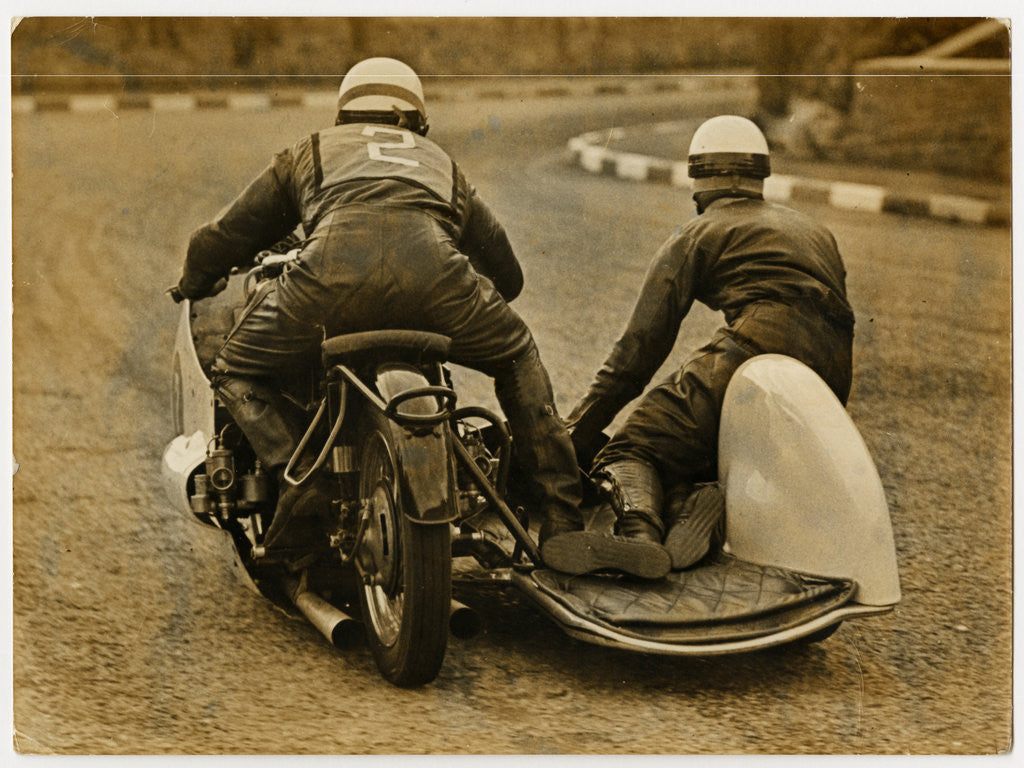 Detail of Fritz Hillebrand, riding as number 2, 1956 Sidecar TT (Tourist Trophy) by T.M. Badger