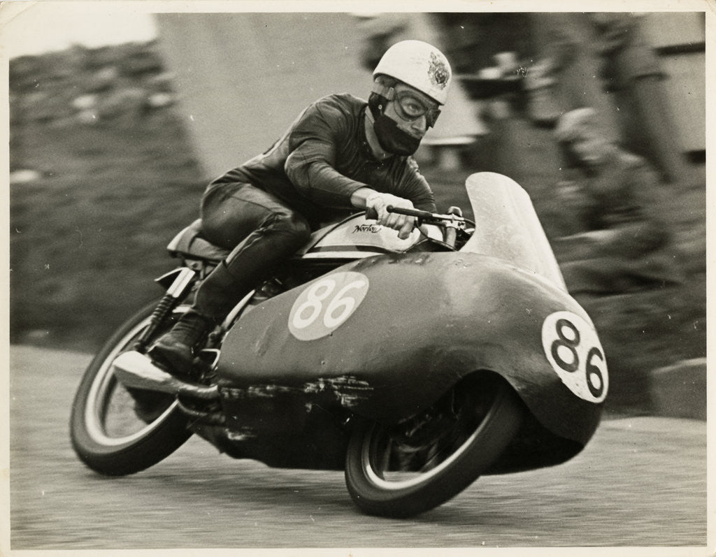 Detail of John Hartle, riding a Norton (number 86), 1957 Junior TT (Tourist Trophy) by T.M. Badger