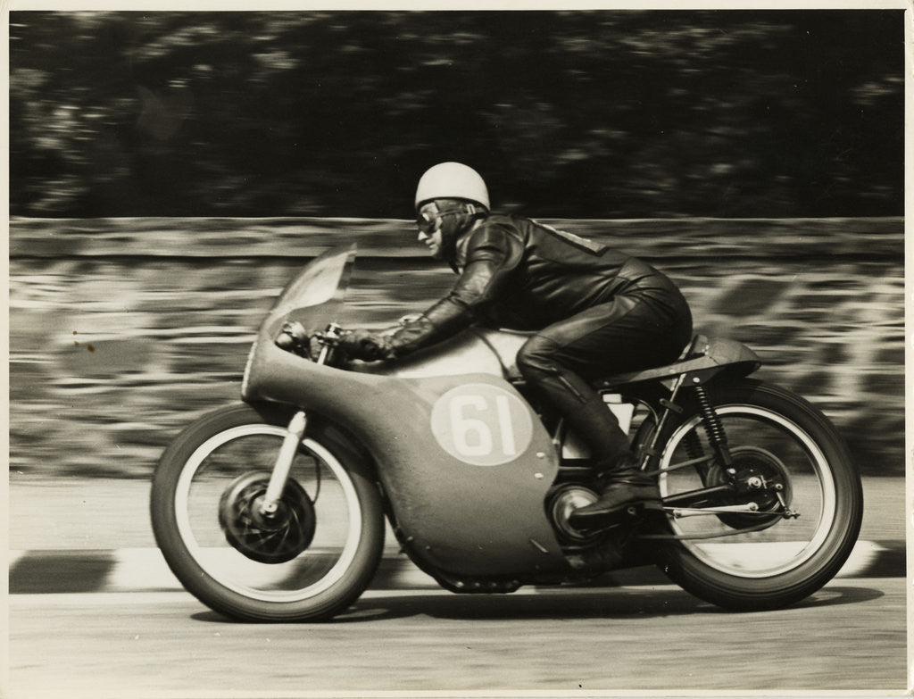 Detail of Alistair King, aboard Norton (number 61), 1958 Junior TT (Tourist Trophy) by T. M. Badger