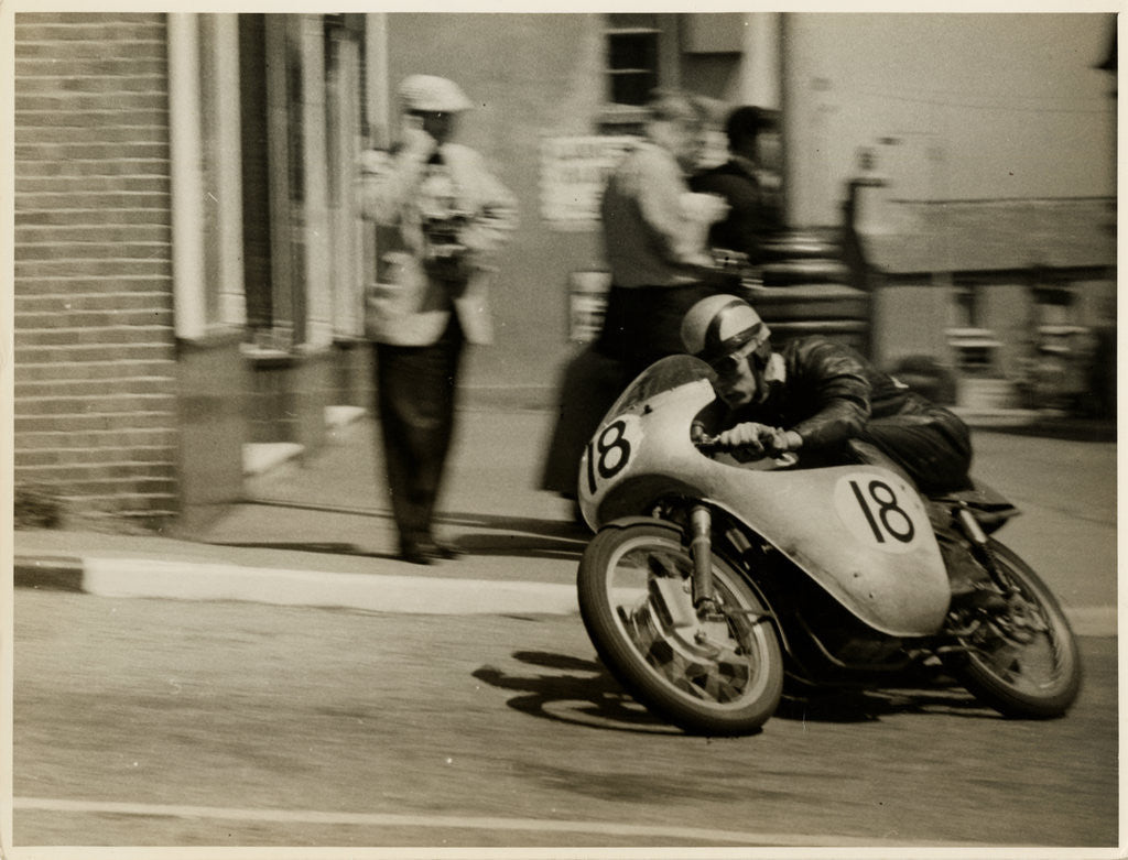 Detail of Fron Purslow, aboard 124cc Ducati (number 18), 1958 125 TT (Tourist Trophy) by T.M. Badger