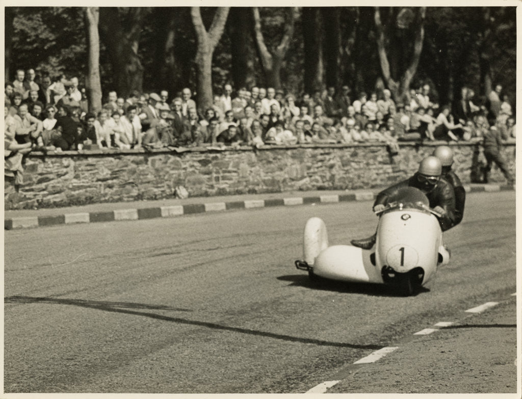 Detail of Walter Schneider, driving a BMW sidecar outfit, 1958 Sidecar TT (Tourist Trophy) by T.M. Badger