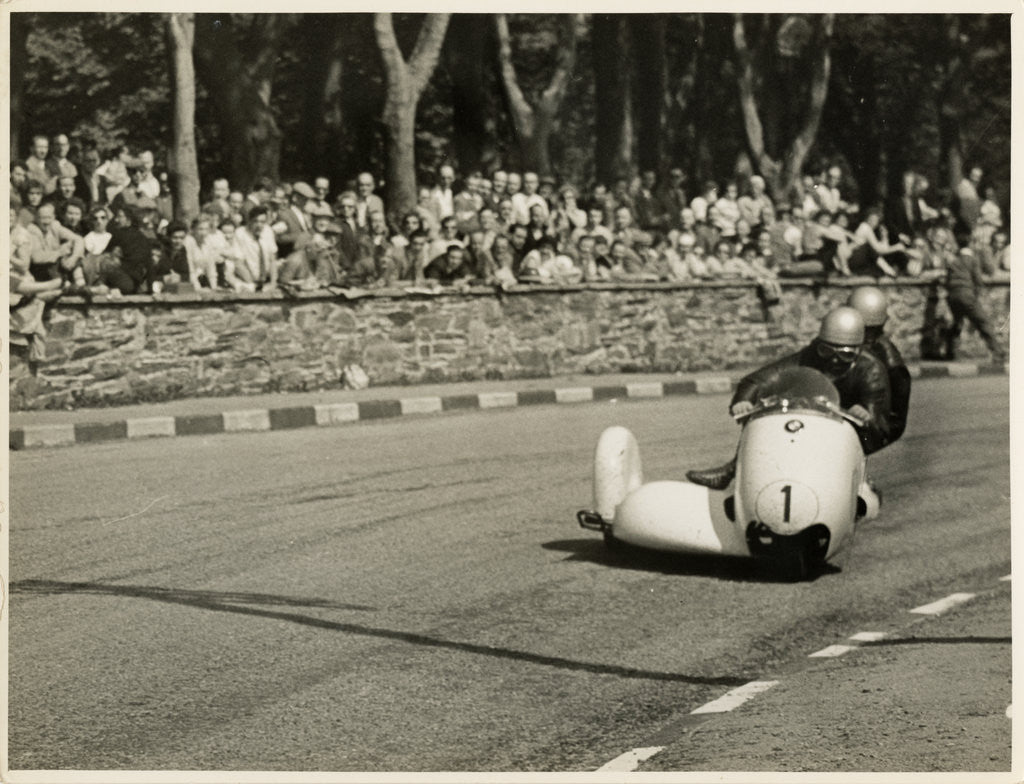 Detail of Walter Schneider aboard a BMW sidecar outfit (number 1), 1958 Sidecar TT (Tourist Trophy) by T.M. Badger